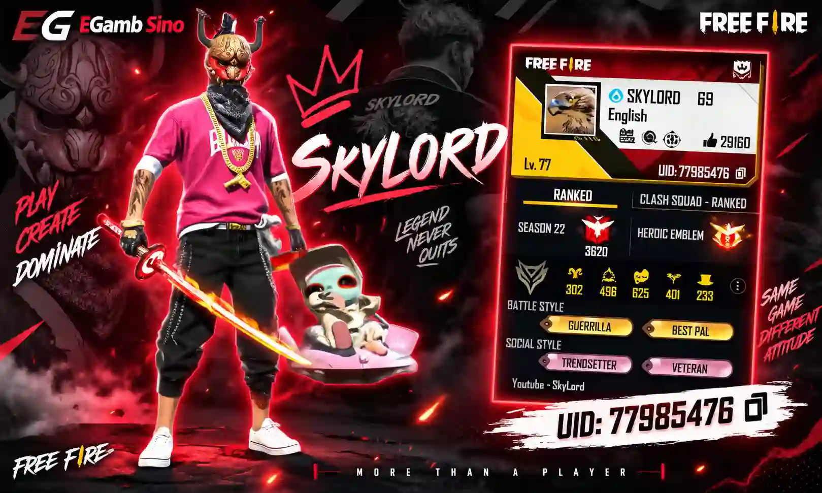 Skylord UID: Free Fire ID, Stats, K/D Ratio and more